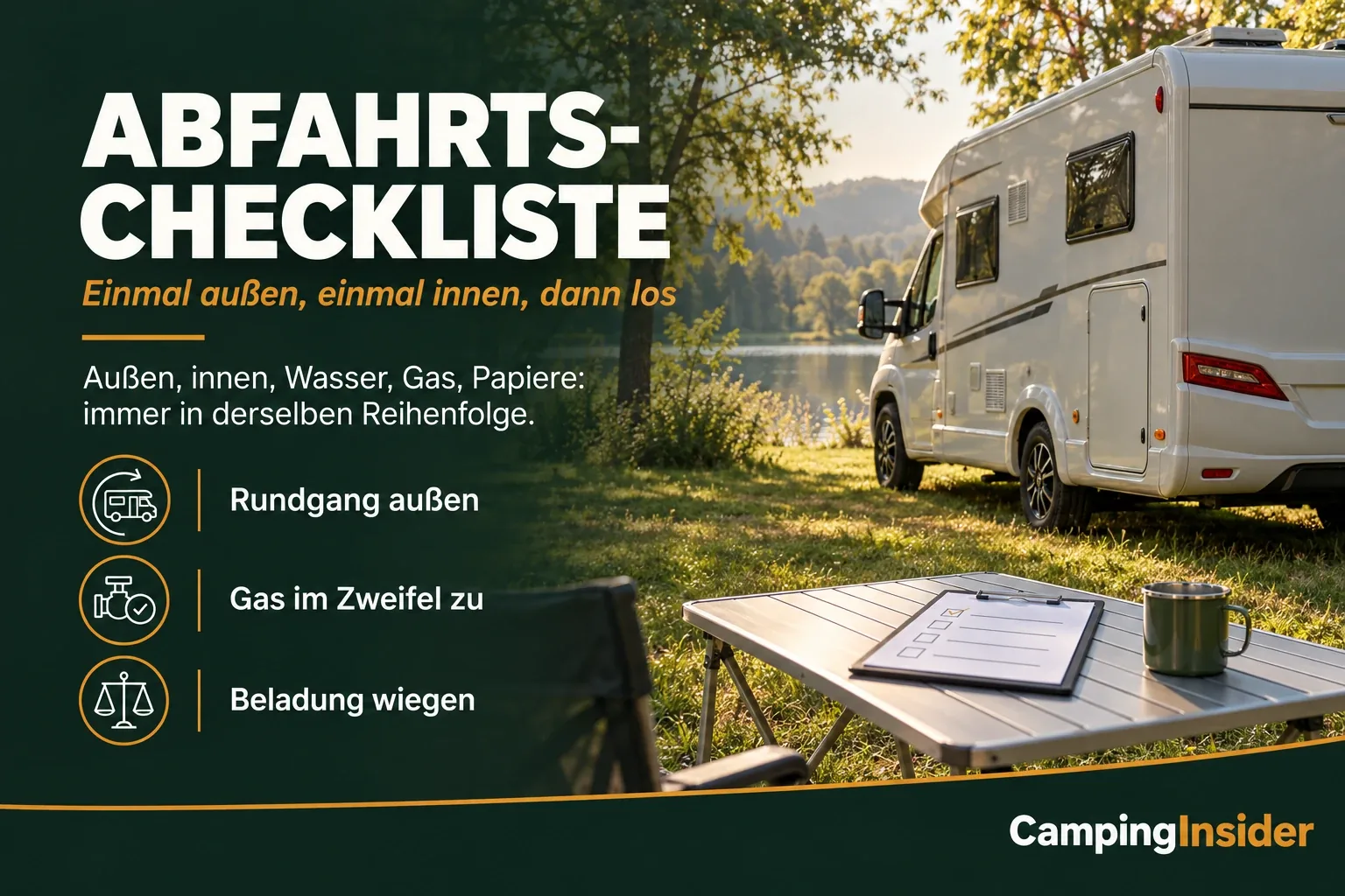 Weißes Wohnmobil an einem See, davor ein Klapptisch mit Klemmbrett und Checkliste. Links der Titel Abfahrts-Checkliste mit drei Stichpunkten.