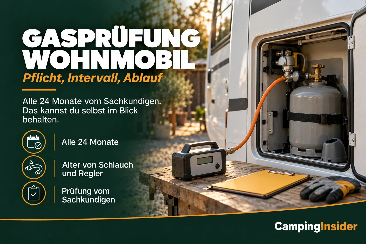 Geöffnetes Gasflaschenfach eines weißen Wohnmobils mit gesicherter Gasflasche, Regler und orangem Schlauch, der zu einem Prüfgerät auf einem Holztisch führt, daneben Klemmbrett und Arbeitshandschuh. Links der Titel Gasprüfung Wohnmobil mit drei Stichpunkten.