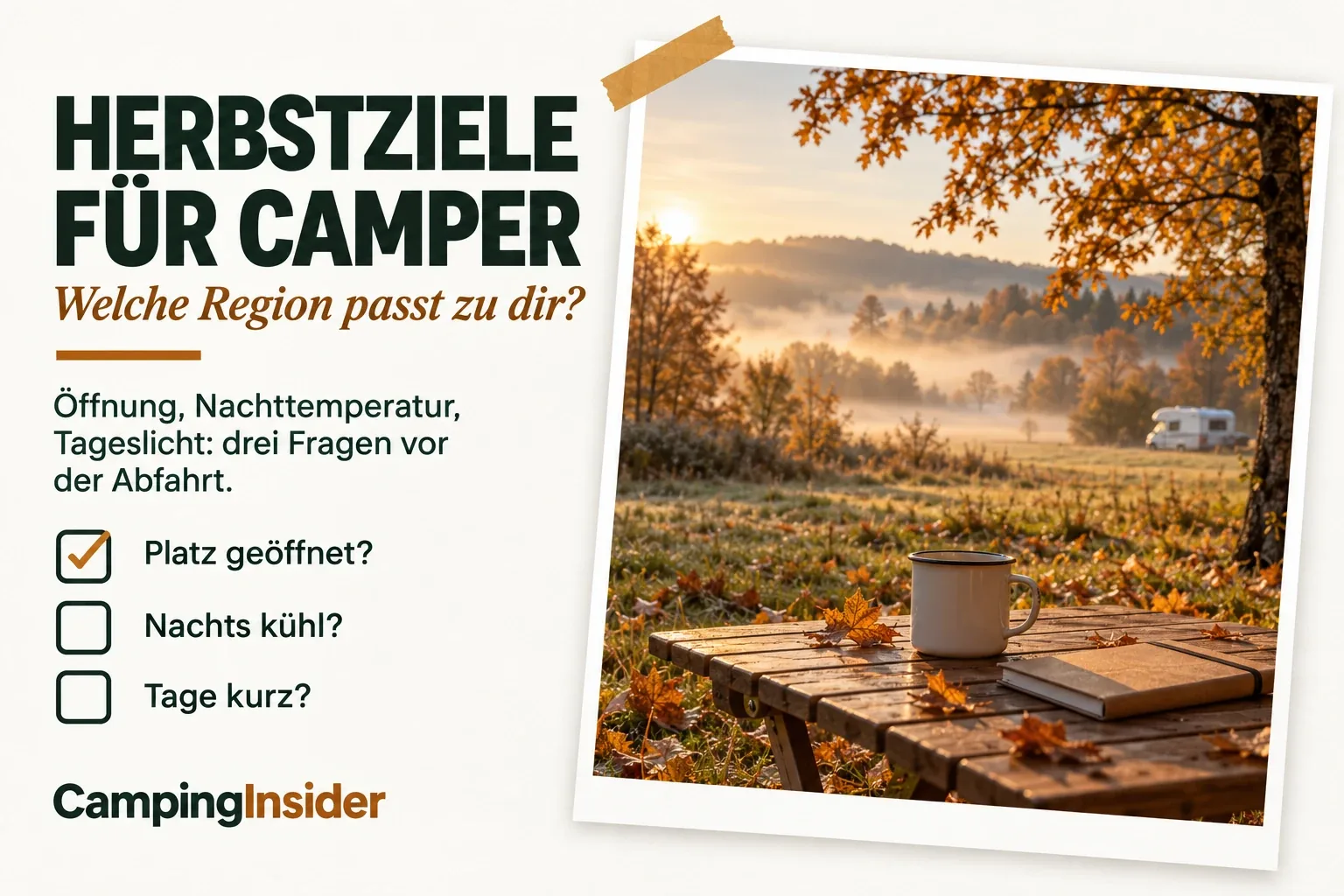 Herbstliche Wiese mit Laubbäumen im Morgendunst als Foto auf warmweißem Papier, im Vordergrund ein Holztisch mit Tasse und Notizbuch. Daneben der Titel Herbstziele für Camper mit drei Abhak-Kästchen.