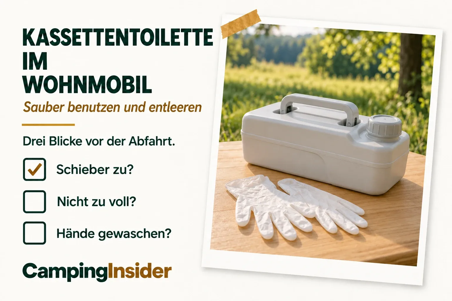 Saubere weiße Toilettenkassette für Camping mit geschlossener Kappe und ein Paar Einweghandschuhe auf einem Holztisch als Foto auf warmweißem Papier. Daneben der Titel Kassettentoilette im Wohnmobil mit drei Abhak-Kästchen: Schieber zu, nicht zu voll, Hände gewaschen.