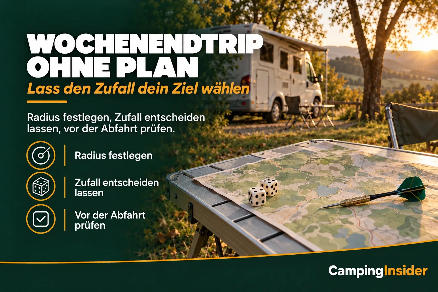 Klapptisch mit Landkarte, zwei Würfeln und einem Dartpfeil vor einem Wohnmobil im Abendlicht. Links der Titel Wochenendtrip ohne Plan mit drei Stichpunkten.