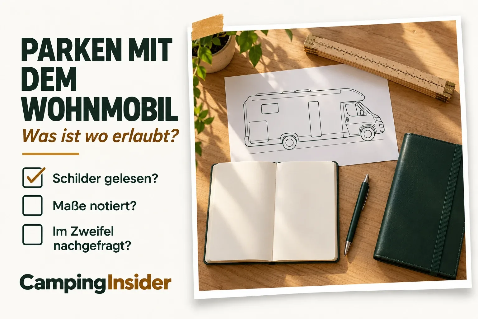 Schreibtisch von oben als Foto auf warmweißem Papier: Zeichnung eines weißen Wohnmobils von der Seite, Zollstock, Notizbuch mit Stift und eine Dokumentenmappe. Daneben der Titel Parken mit dem Wohnmobil: Was ist wo erlaubt? mit drei Abhak-Kästchen.