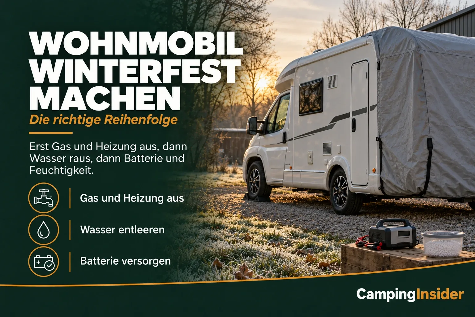 Weißes Wohnmobil in der Morgensonne auf frostiger Wiese, hinten mit grauer Schutzhülle abgedeckt, davor ein Ladegerät und eine Schale mit Entfeuchter-Granulat. Links der Titel Wohnmobil winterfest machen mit drei Stichpunkten.