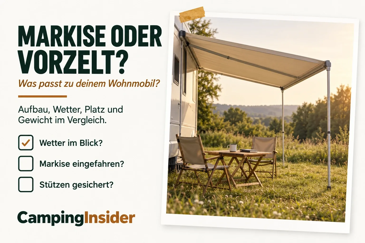 Weißes Wohnmobil auf einer Wiese im Abendlicht mit ausgefahrener Markise, darunter ein Holztisch, zwei Campingstühle und eine Tasse. Links der Titel Markise oder Vorzelt? mit drei Abhak-Kästchen.