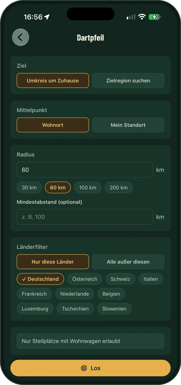 Dart throw suggestion with radius and country filter.