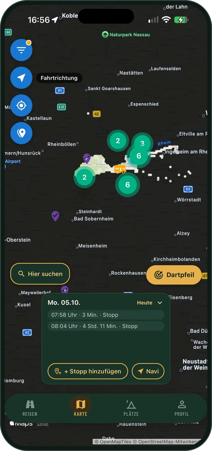 Phone screen showing the GlowCamp map: where you have been the map is clear, the rest is under fog.