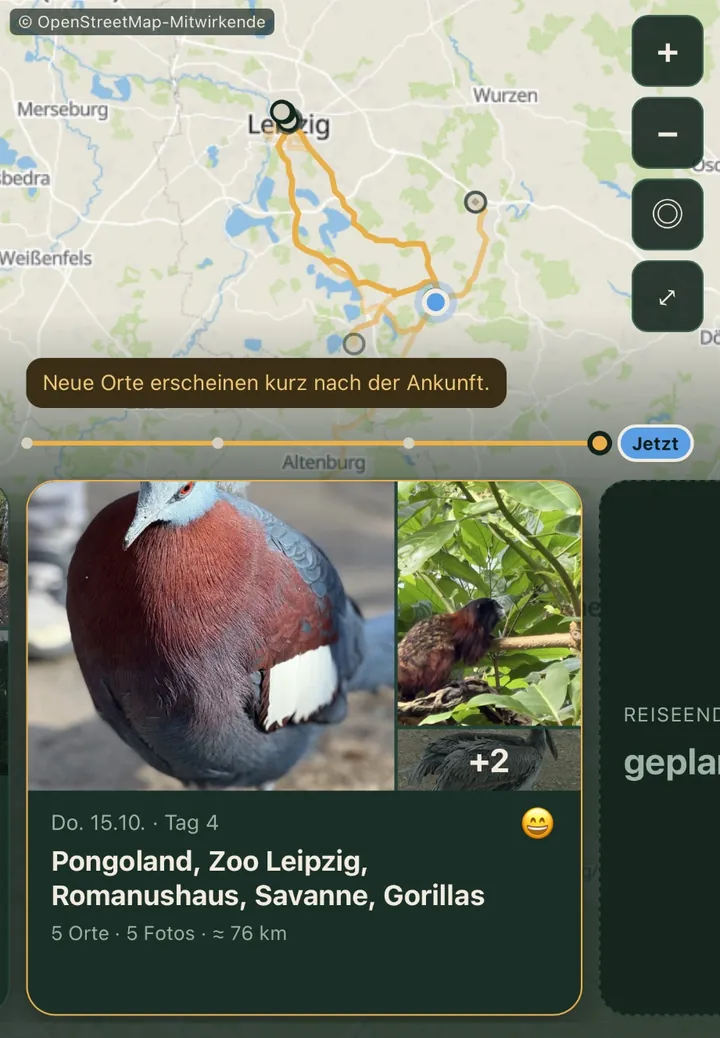 Private link page of a trip: map with the routes around Leipzig and a day card of the zoo day with photos, five places and 76 km.