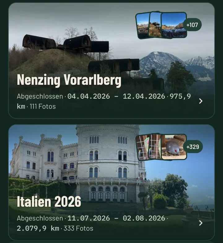 Trip list with two real trips: Nenzing, Vorarlberg in April 2026 with 975.9 km and 111 photos, Italy 2026 with 2,079.9 km and 333 photos, each with a cover photo and a photo stack.